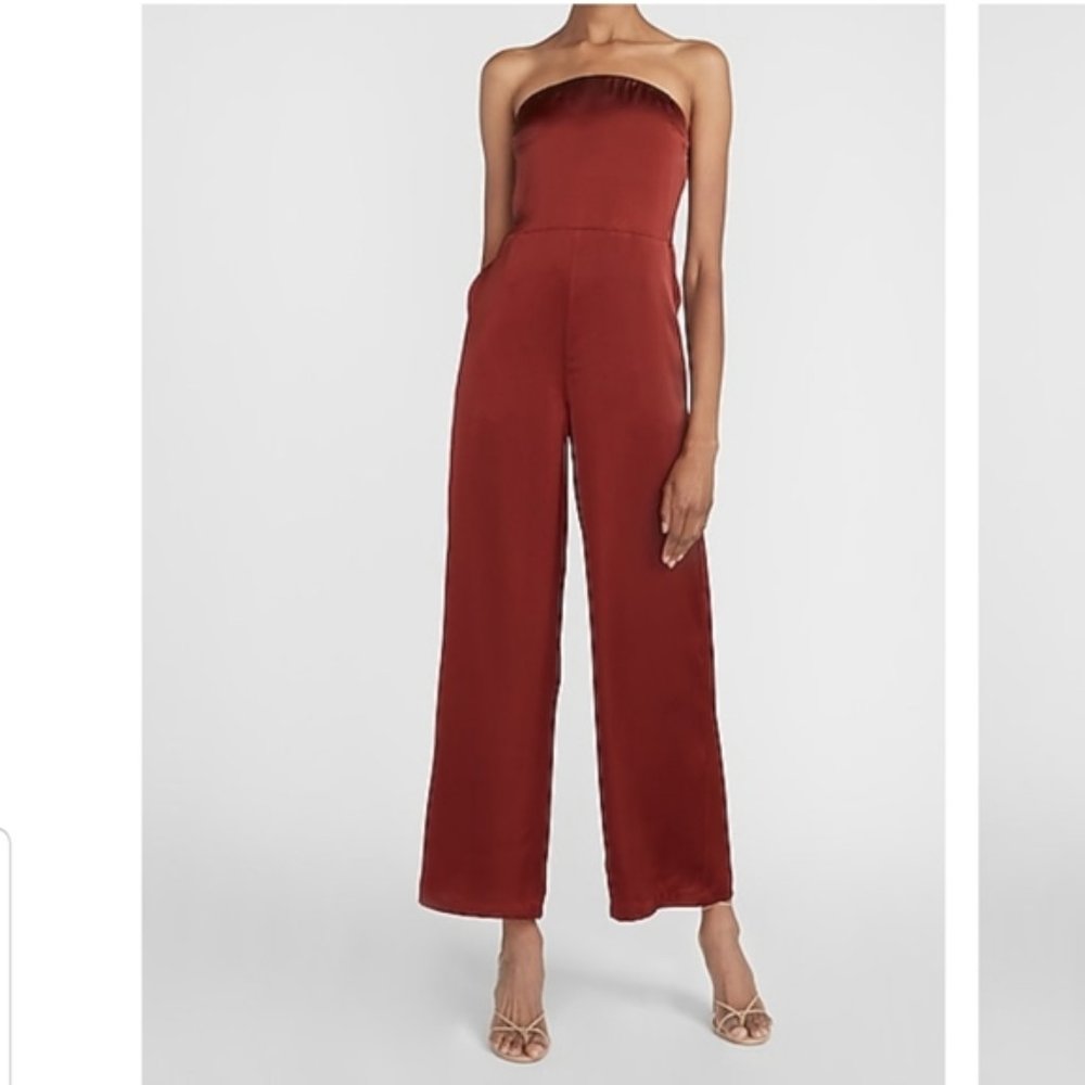 Express Satin Strapless Wide Leg Jumpsuit